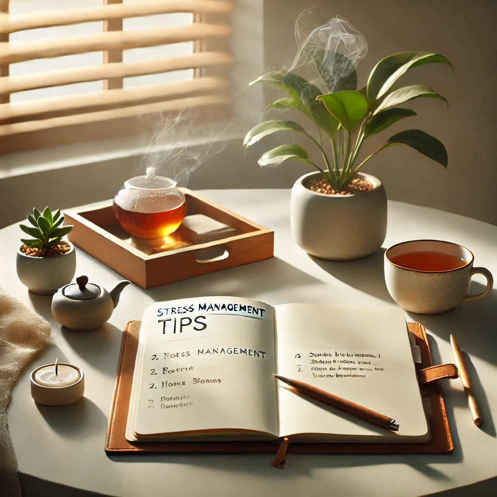 mesa con un libro, una planta y un té en un ambiente de calma